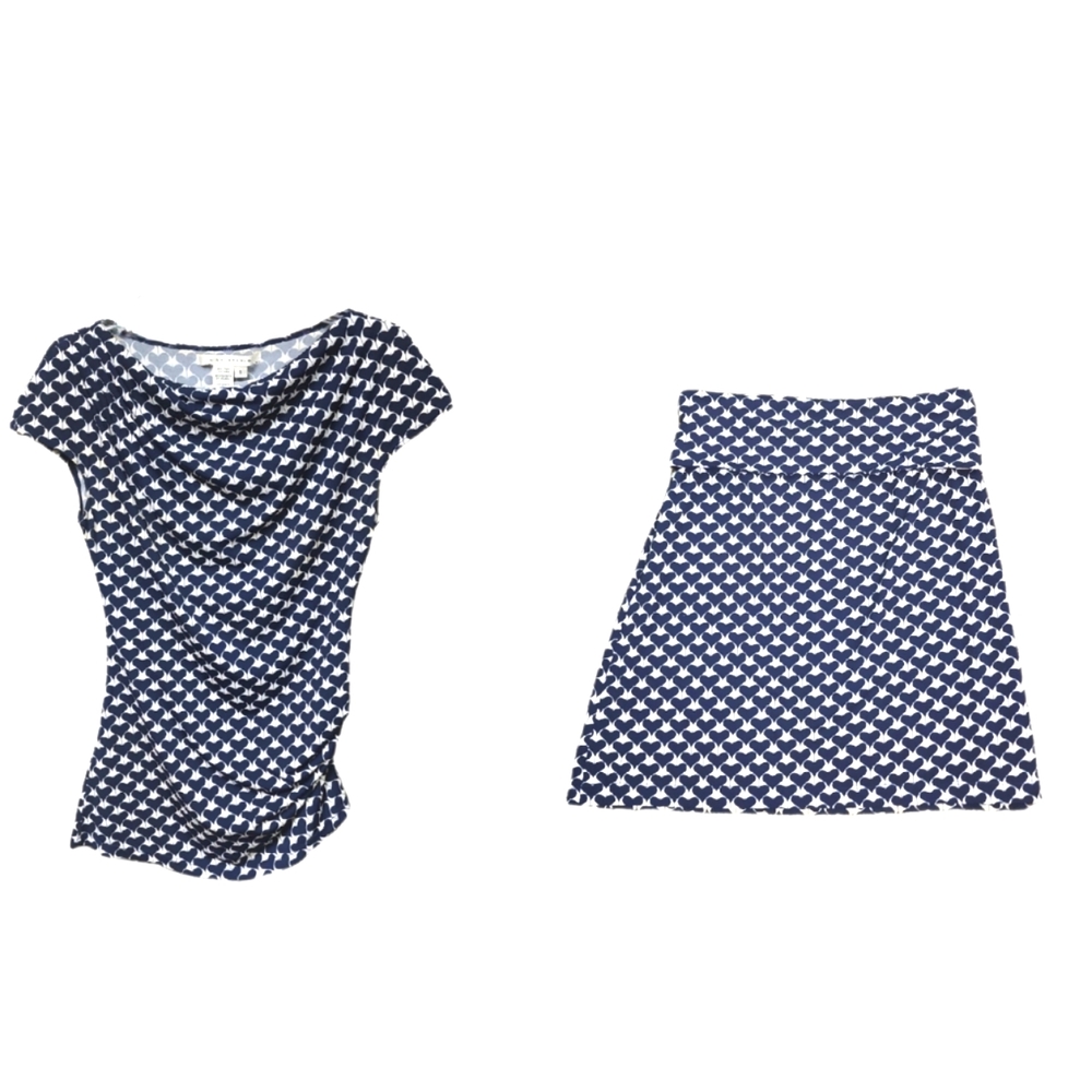 Navy Blue With White Hearts Two Piece Skirt Set Size Small